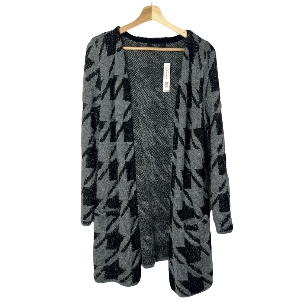 August‎ Silk Black & Gray Houndstooth Textured Long Cardigan Sweater S